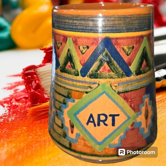 Art Pottery Mug Hand Made Painted Aztec Design Signed 18oz Preowned EUC - Picture 4 of 6